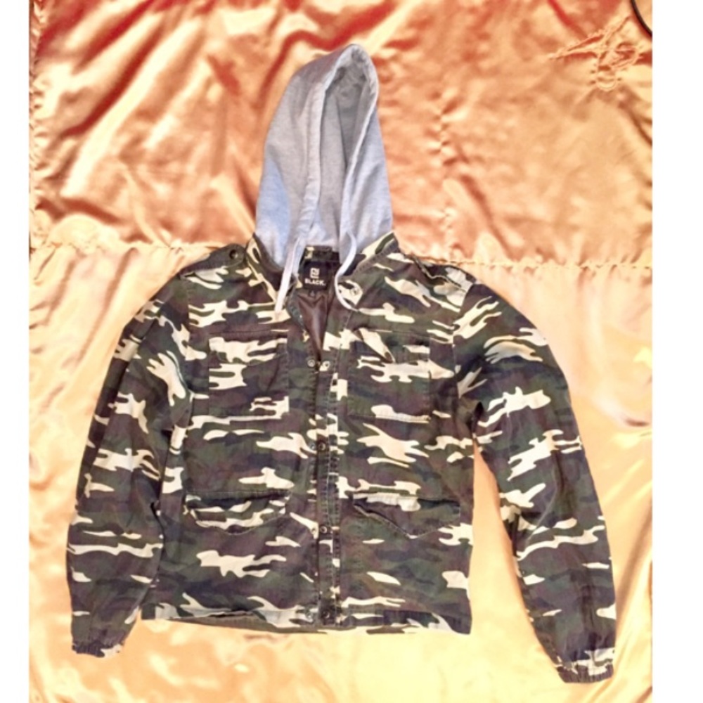 Black Brand Camo Jacket with Grey Hood.